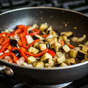 Paprika und Auberginen in die Pfanne