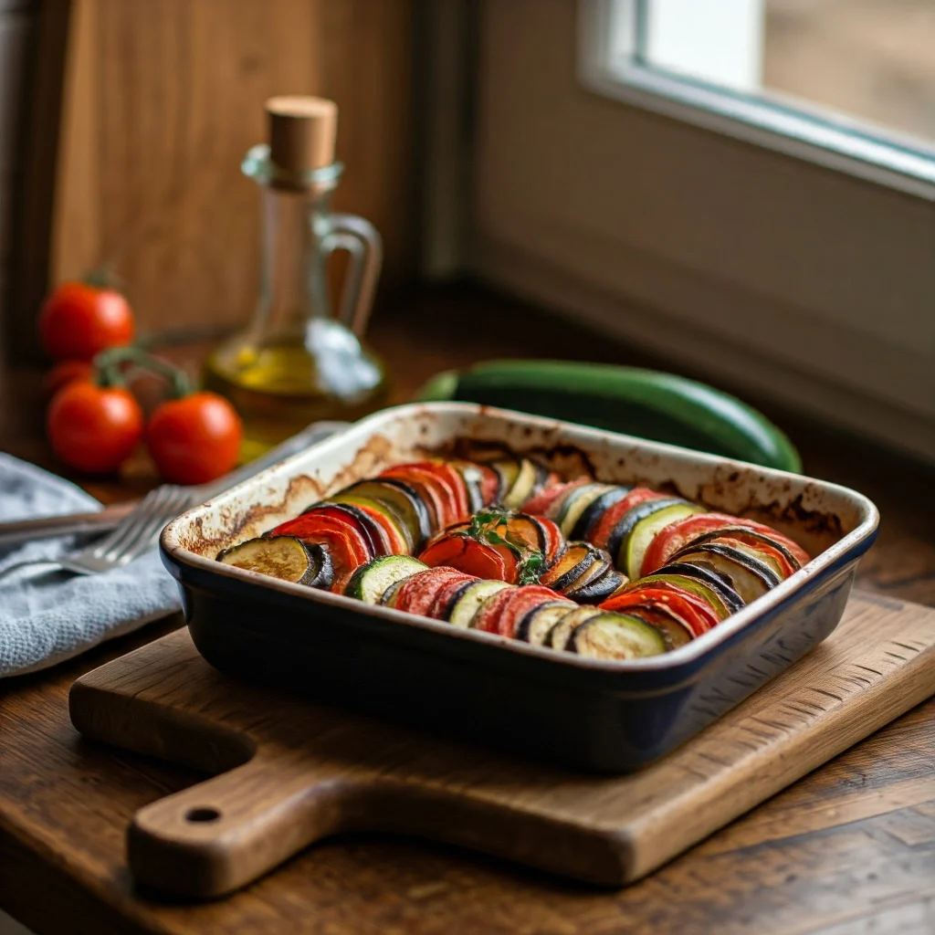 Ratatouille mit Tomaten, Zucchini, Auberginen und Paprika in einer rustikalen Küche.