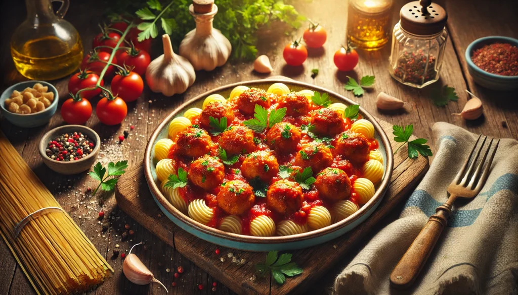 Realistische Darstellung von Hackbällchen Toskana in einer lebhaften Tomatensauce, serviert mit Pasta, garniert mit Petersilie und umgeben von italienischen Kräutern und Kirschtomaten auf einem rustikalen Holztisch.