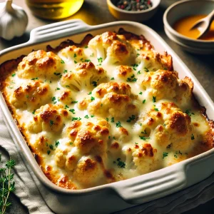 Schön gebackener Blumenkohl in einer weißen Keramik-Auflaufform, mit cremiger Sauce und goldbraunem geschmolzenem Käse, garniert mit frischen Kräutern.