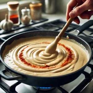 Überbacken Blumenkohl mit cremiger Sauce - Sauce mit Knoblauch und Paprika auf dem Herd