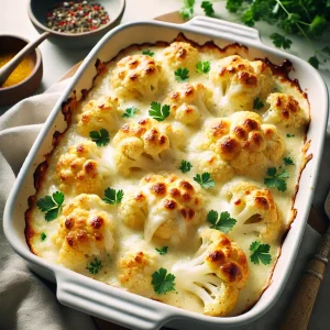 Überbackene Blumenkohl in einer weißen Auflaufform, bedeckt mit cremiger Sauce und goldbraunem geschmolzenem Käse, garniert mit frischen Kräutern.