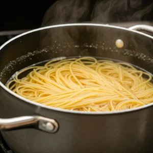 Spaghetti cooking in boiling salted water, pasta, al dente, Italian cuisine