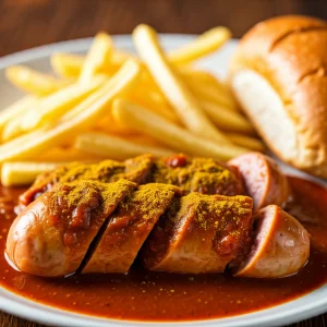 Die Currywurst heiß servieren