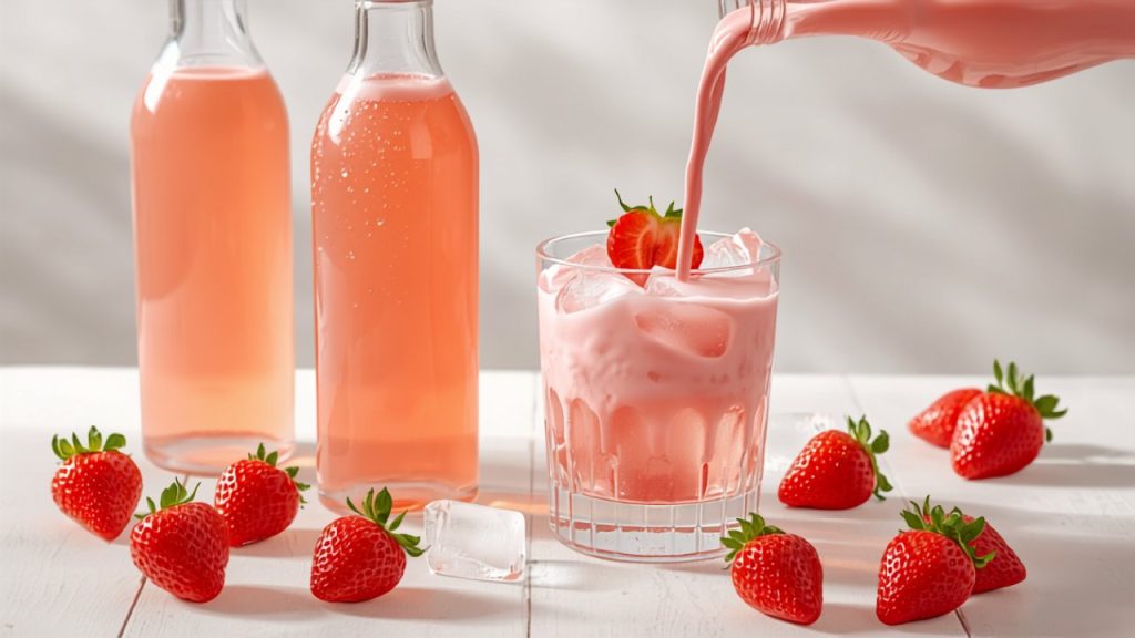 Erdbeerlimes selber machen – cremig-fruchtiger Sommerlikör in Flaschen mit frischen Erdbeeren