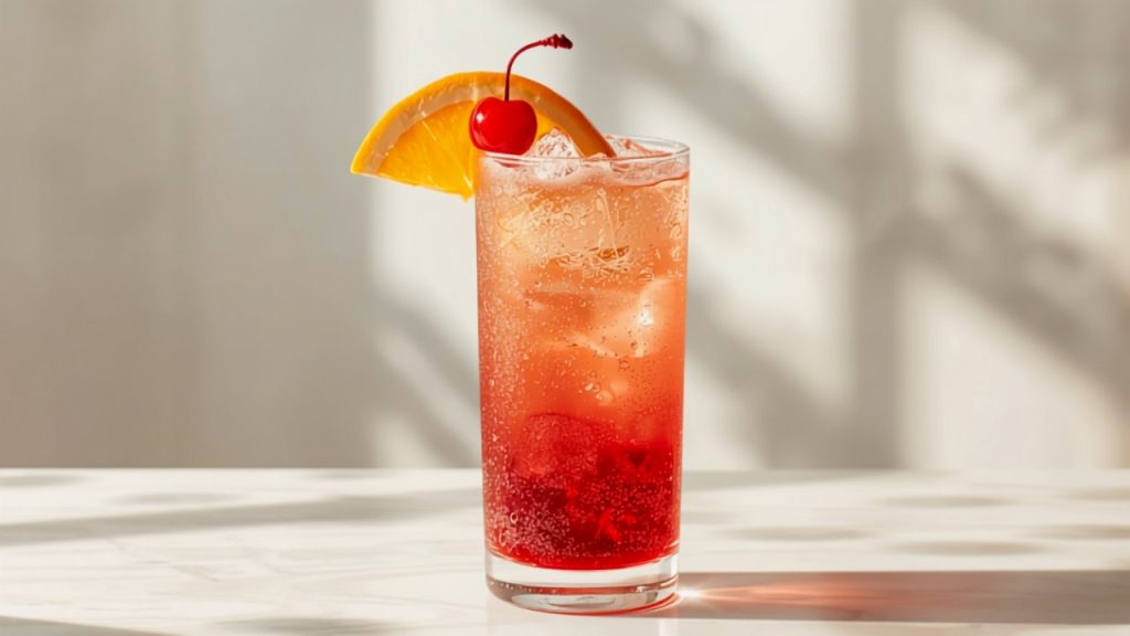 Sex on the Beach Rezept: fruchtiger Cocktail im Glas mit Orangenscheibe und Cocktailkirsche