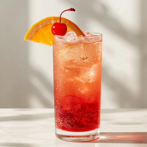 Sex on the Beach Rezept: fruchtiger Cocktail im Glas mit Orangenscheibe und Cocktailkirsche