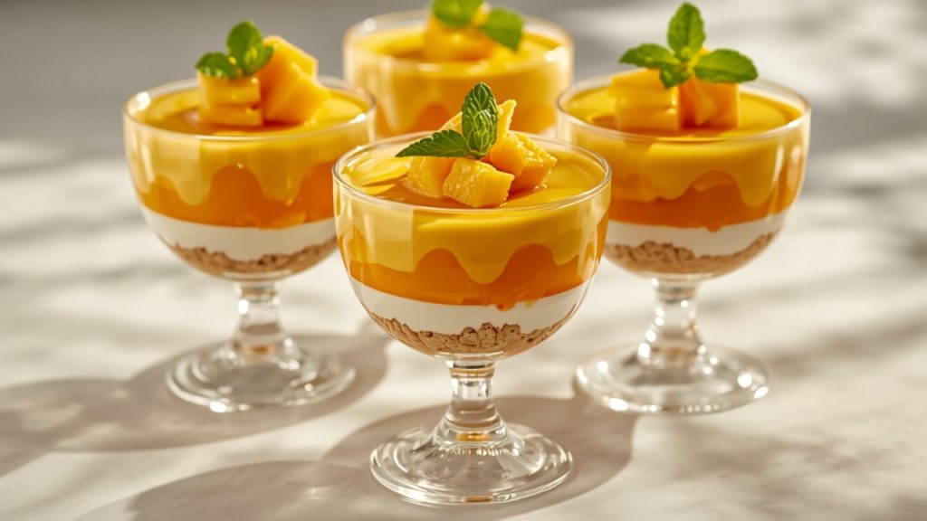 Solero Dessert im Glas mit Maracuja-Guss, Mangopüree und Vanillecreme