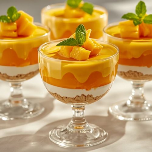 Solero Dessert im Glas mit Maracuja-Guss, Mangopüree und Vanillecreme