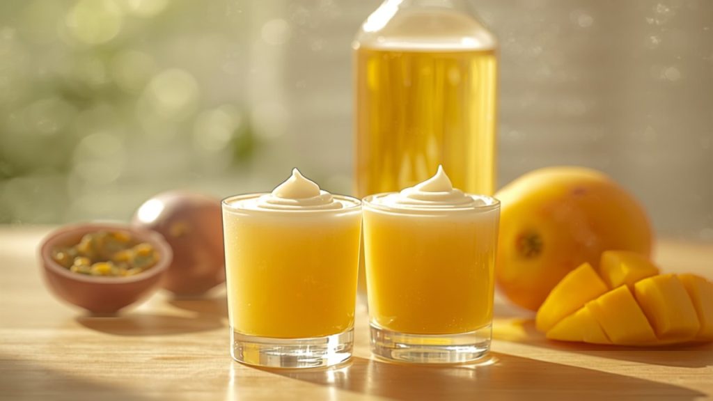 Selbstgemachter Solero Likör in zwei Gläsern mit Maracuja und Mango – solero likör selber machen