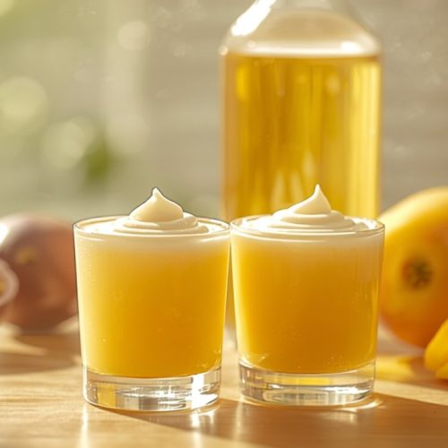 Selbstgemachter Solero Likör in zwei Gläsern mit Maracuja und Mango – solero likör selber machen