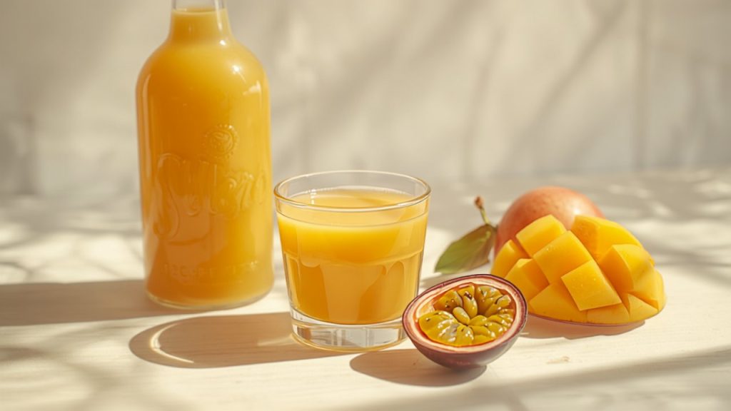 Selbst gemachter Solero Likör in Flaschen und Glas mit Mango und Maracuja