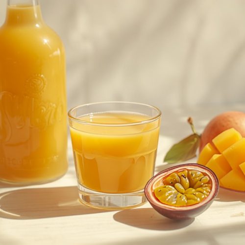 Selbst gemachter Solero Likör in Flaschen und Glas mit Mango und Maracuja