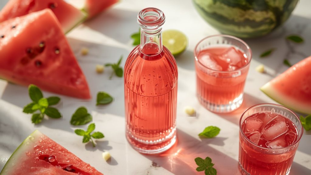 Selbstgemachter Wassermelonenlikör in Flasche und Gläsern mit frischer Wassermelone