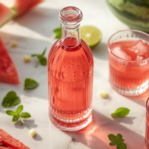 Selbstgemachter Wassermelonenlikör in Flasche und Gläsern mit frischer Wassermelone